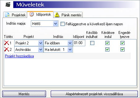 A projektekhez tartozó időpontok beállítása