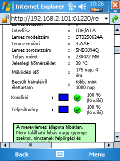 Merevlemez �llapot megjelen�t�se t�volr�l egy b�ng�sz� seg�ts�g�vel (PDA-r�l)