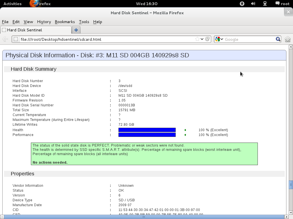 Hard Disk Sentinel Linux industrial SD memory card status in HTML report