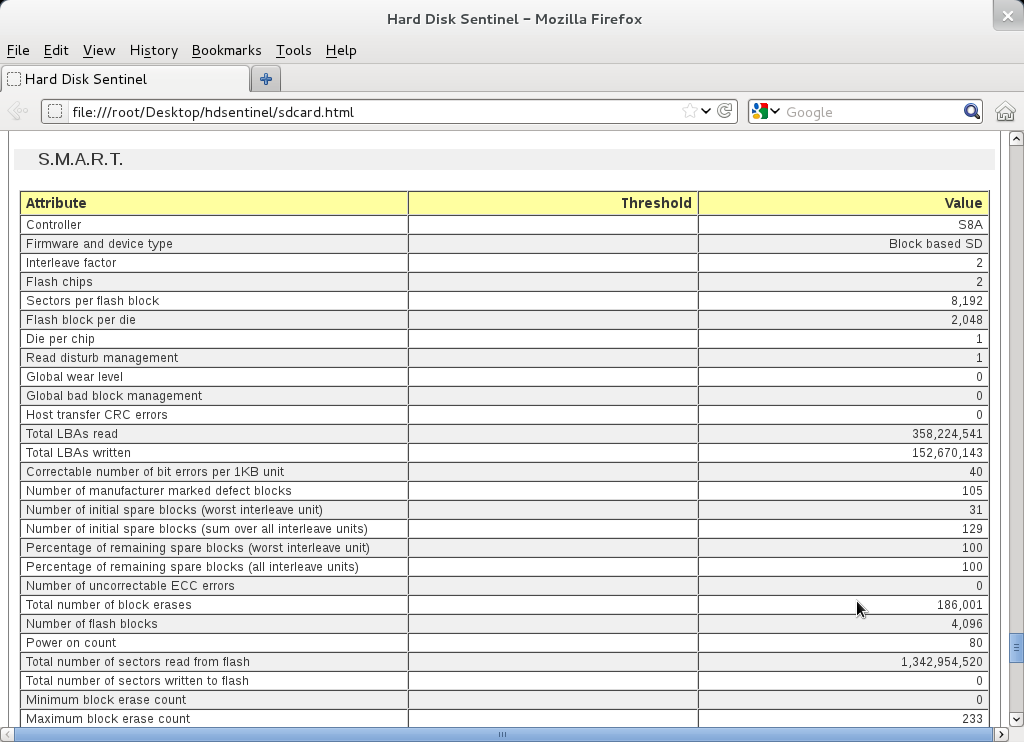 Hard Disk Sentinel Linux industrial SD memory card status and S.M.A.R.T. self monitoring values