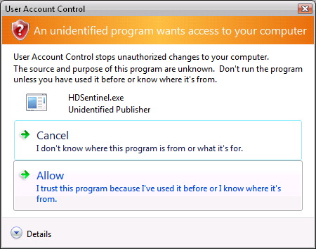 Allow Hard Disk Sentinel to access the hard disk information