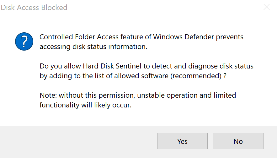 Controlled Folder Access whitelist dialog of Hard Disk Sentinel