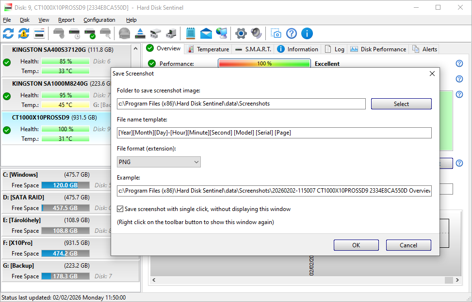 Screenshot options in Hard Disk Sentinel