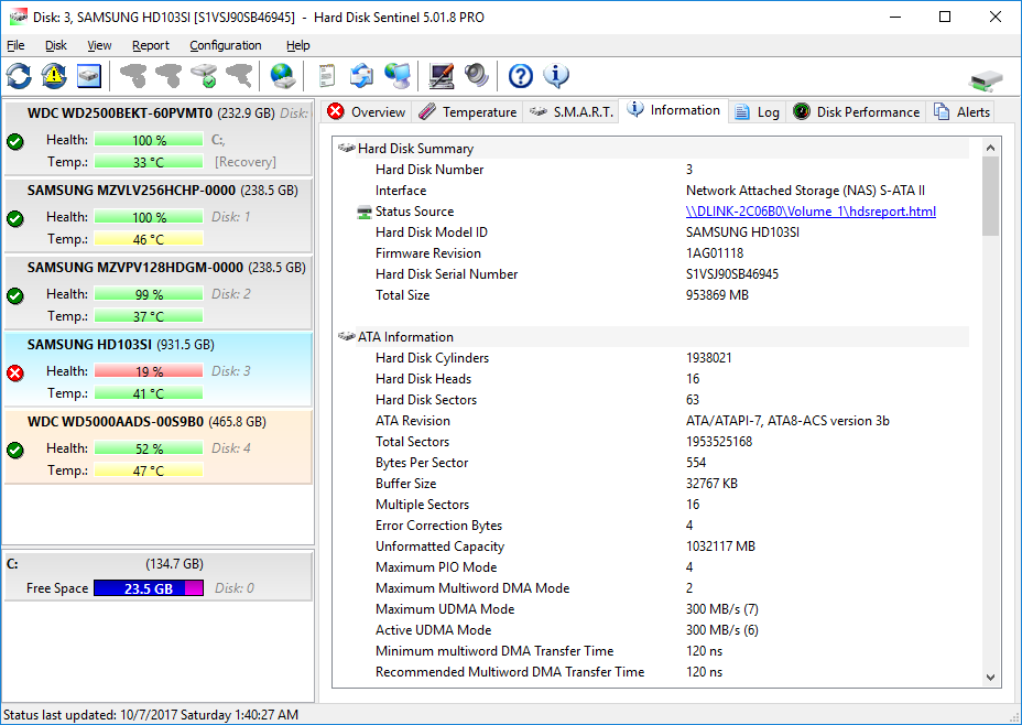 Hard Disk Sentinel shows complete hard disk status of a NAS drive
